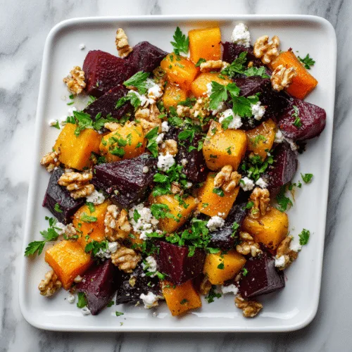 Roasted Beet & Butternut Squash Salad with Feta and Walnuts