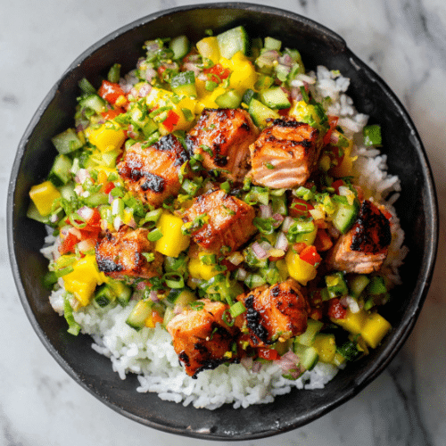 Grilled Salmon Rice Bowl with Mango Salsa