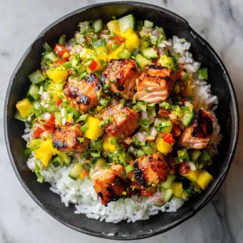 Grilled Salmon Rice Bowl with Mango Salsa