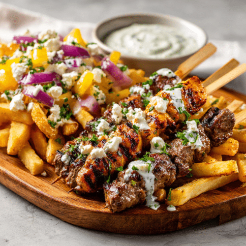 Greek Souvlaki with Loaded Feta Fries