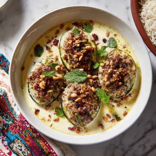 Stuffed Kousa with Yogurt Sauce (Kousa Mahshi bil Laban)