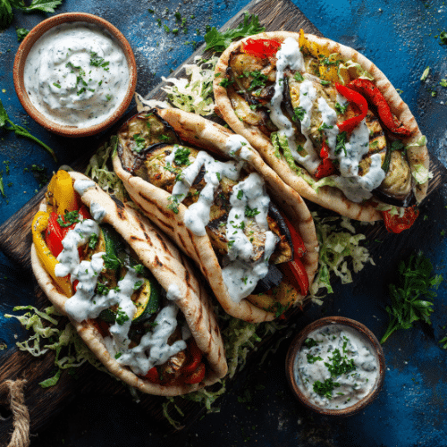 Grilled Veggie Pita Pockets with Creamy Garlic Sauce