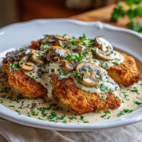 Crispy Chicken Cutlets with Creamy Mushroom Sauce