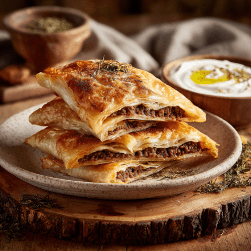Balkan-Style Burek with Ground Meat and Yogurt Dip