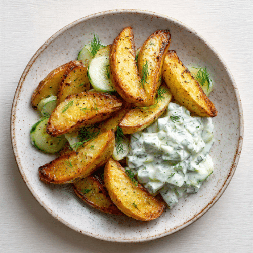 Crispy Potato Wedges with Creamy Cucumber Dill Salad