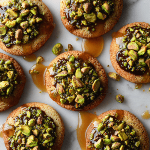 Pistachio Butter Cookies with Caramelized Pistachio Topping