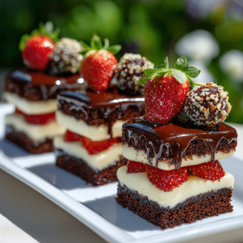 Mini Chocolate Brownie Layer Cakes with Strawberries & Hazelnut Truffles