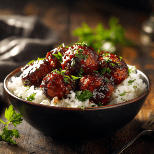 Glazed BBQ Meatballs with Rice