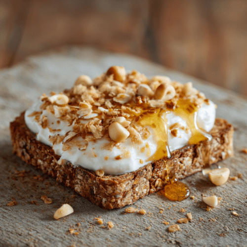 Greek Yogurt Toast with Honey and Macadamia Crunch