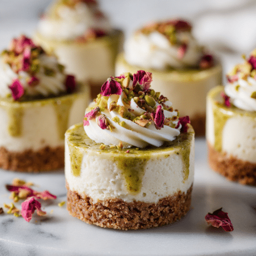 Mini Pistachio Cheesecakes with Whipped Cream and Rose Petals
