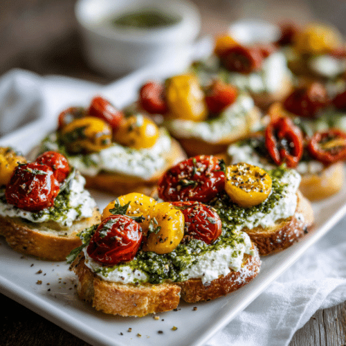 Burrata Crostini with Roasted Tomatoes and Pesto