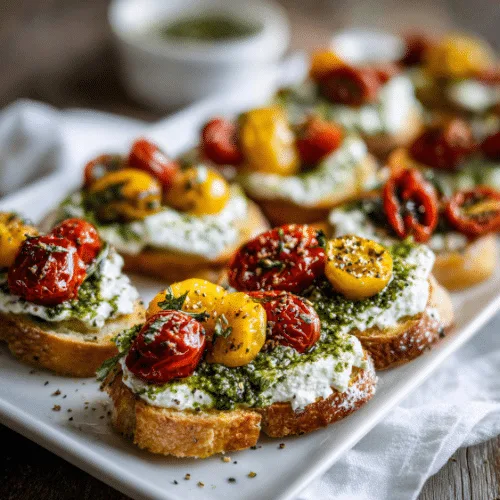 Burrata Crostini with Roasted Tomatoes and Pesto