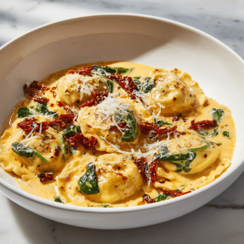 Creamy Tuscan Ravioli with Sun-Dried Tomatoes & Spinach