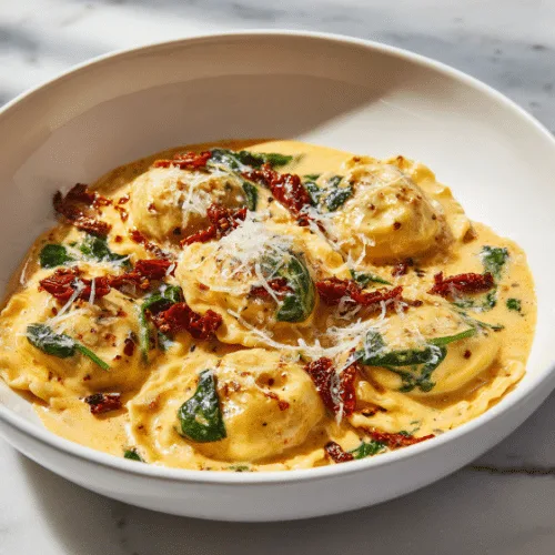 Creamy Tuscan Ravioli with Sun-Dried Tomatoes & Spinach