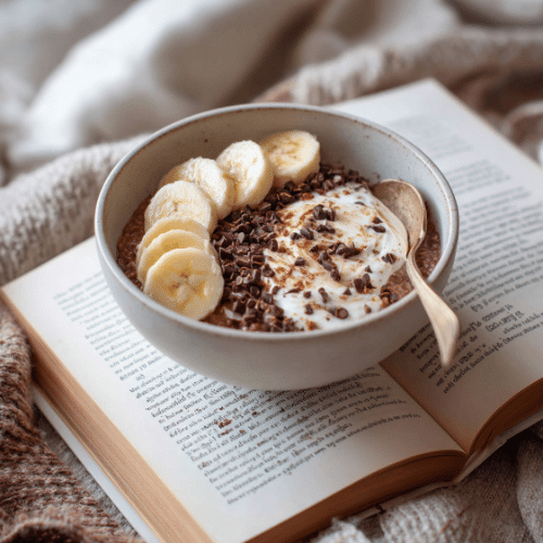 Chocolate Banana Oatmeal Bowl with Yogurt and Nut Butter