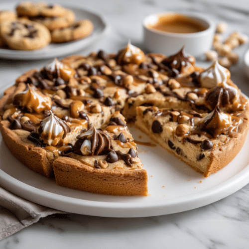 Giant Chocolate Chip Cookie Tart with Caramel & Hazelnuts