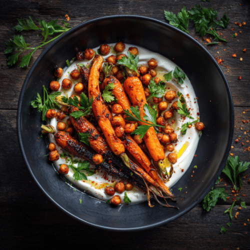 Roasted Harissa Carrots with Crispy Chickpeas and Yogurt