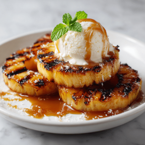 Grilled Pineapple with Vanilla Ice Cream and Caramel Drizzle