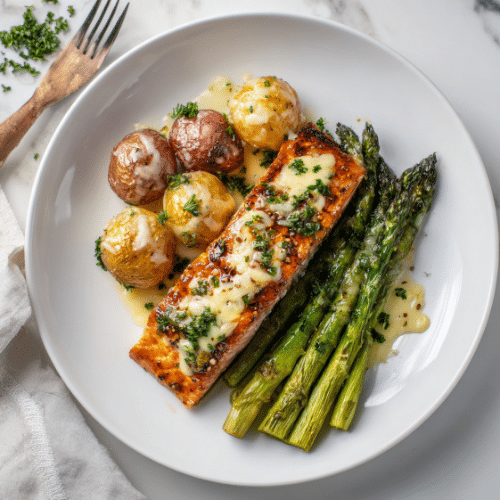 Honey Garlic Glazed Salmon with Roasted Baby Potatoes & Cheesy Asparagus