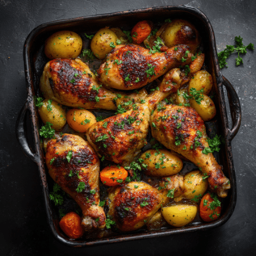 Roasted Chicken Drumsticks with Carrots and Potatoes
