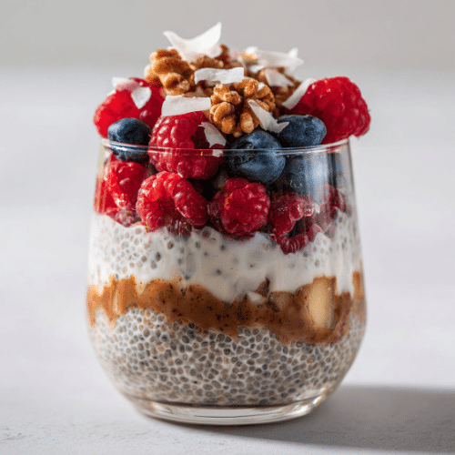 Layered Chia Pudding Parfait with Apples, Berries & Walnuts