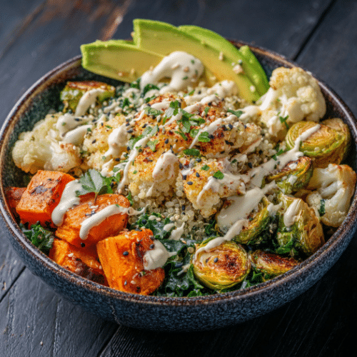 Roasted Veggie Quinoa Bowl with Avocado and Tahini Dressing