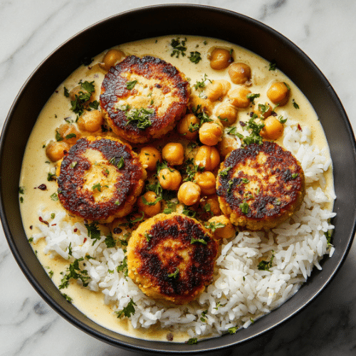 Grilled Chickpea Patties with Coconut Curry Sauce