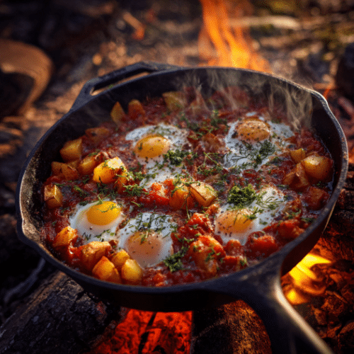 Campfire Skillet Eggs with Potatoes and Tomato Sauce