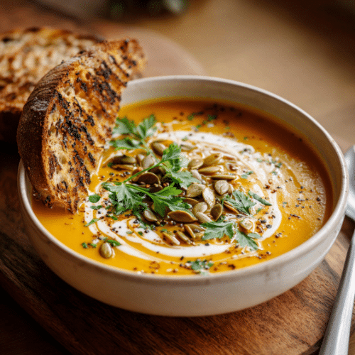 Roasted Butternut Squash Soup with Pumpkin Seeds and Sourdough
