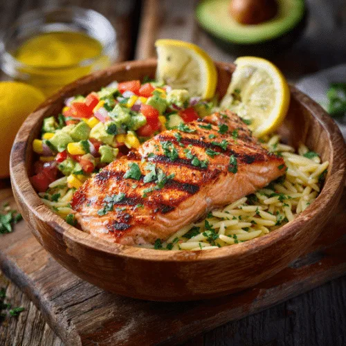 Grilled Salmon with Avocado Greek Salsa and Lemon Orzo