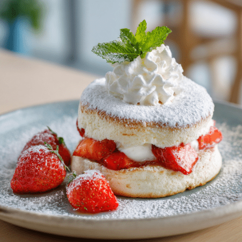 Japanese Soufflé Pancakes with Strawberries & Cream
