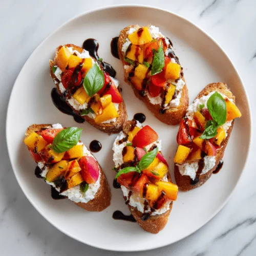 Peach and Tomato Ricotta Crostini with Balsamic Glaze