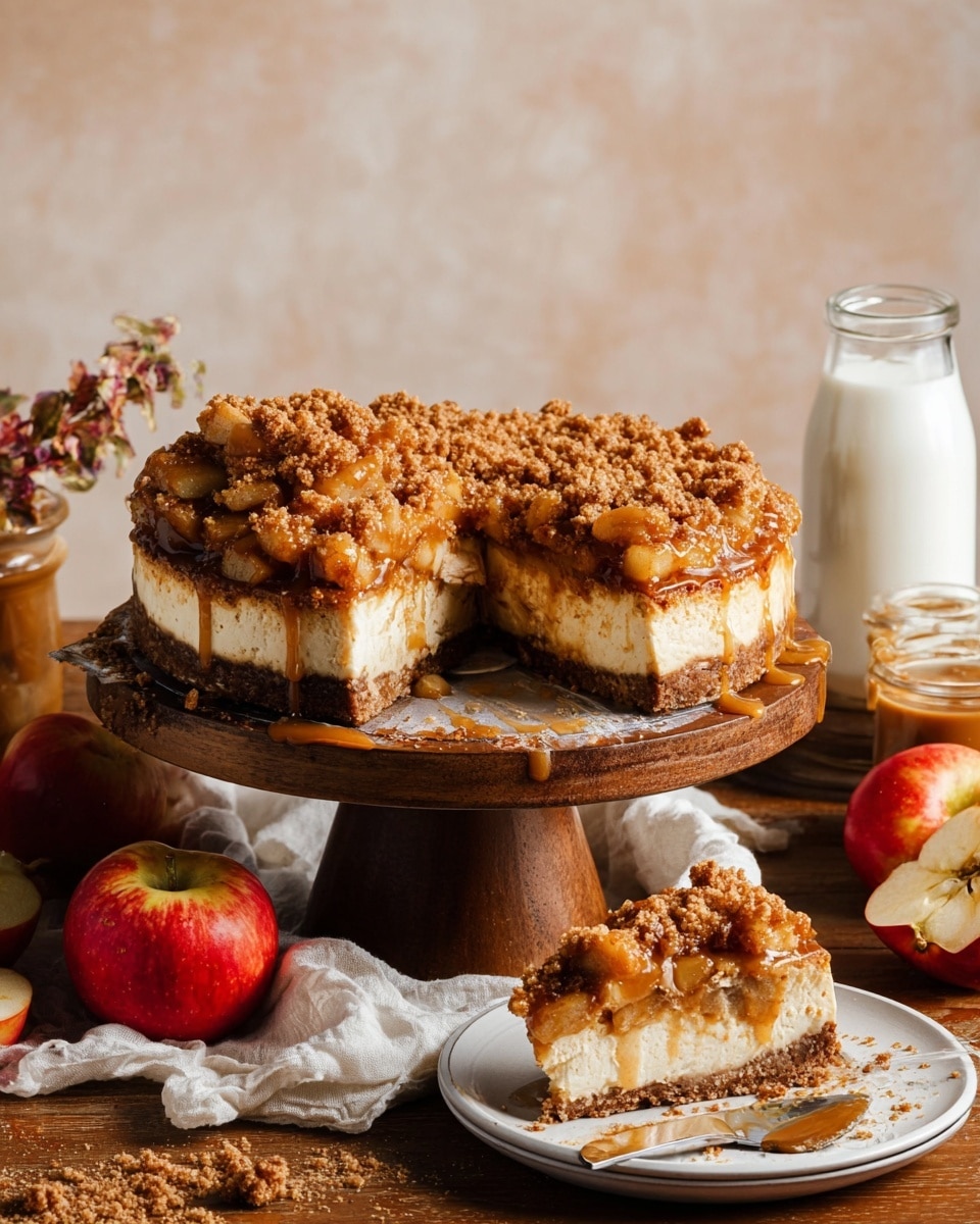 The image shows a thick, round cheesecake on a wooden cake stand with three clear layers: a dark brown crumb crust base, a thick pale cream cheese middle, and a chunky caramelized apple topping with a golden brown crumb sprinkle covering it unevenly. A slice is being lifted with a metal cake server, revealing the layers clearly and some caramel sauce dripping. Around the cake are red apples, a glass bottle filled with milk, a jar of caramel sauce, and a white plate holding a slice of the cake with visible apple pieces and crumbs on top, all set on a rustic wooden table with a crumpled white cloth nearby, against a soft beige background. photo taken with an iphone --ar 4:5 --v 7