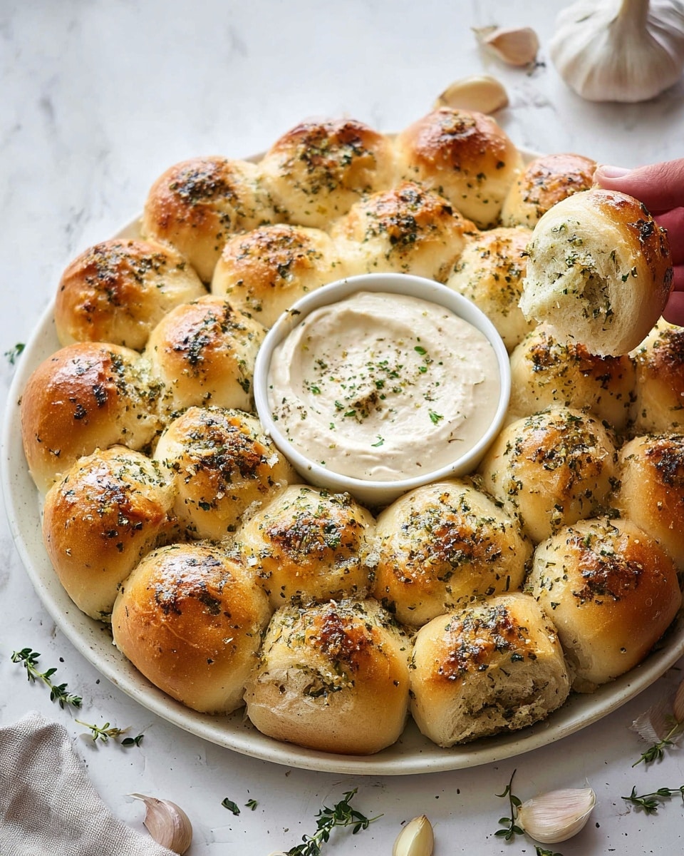 The image shows a close-up of twelve golden brown rolls arranged tightly in a circular pattern on white parchment paper, placed on a white marbled surface. Each roll has a shiny, slightly crispy top with visible specks of green herbs and small bits of garlic scattered over them, giving a textured and seasoned look. The rolls are soft and fluffy with a smooth texture on the sides, which are lighter in color compared to the tops. On the left edge of the image, part of a white bowl filled with creamy beige dip garnished with green herbs is visible, contrasting with the warm tones of the bread. photo taken with an iphone --ar 4:5 --v 7