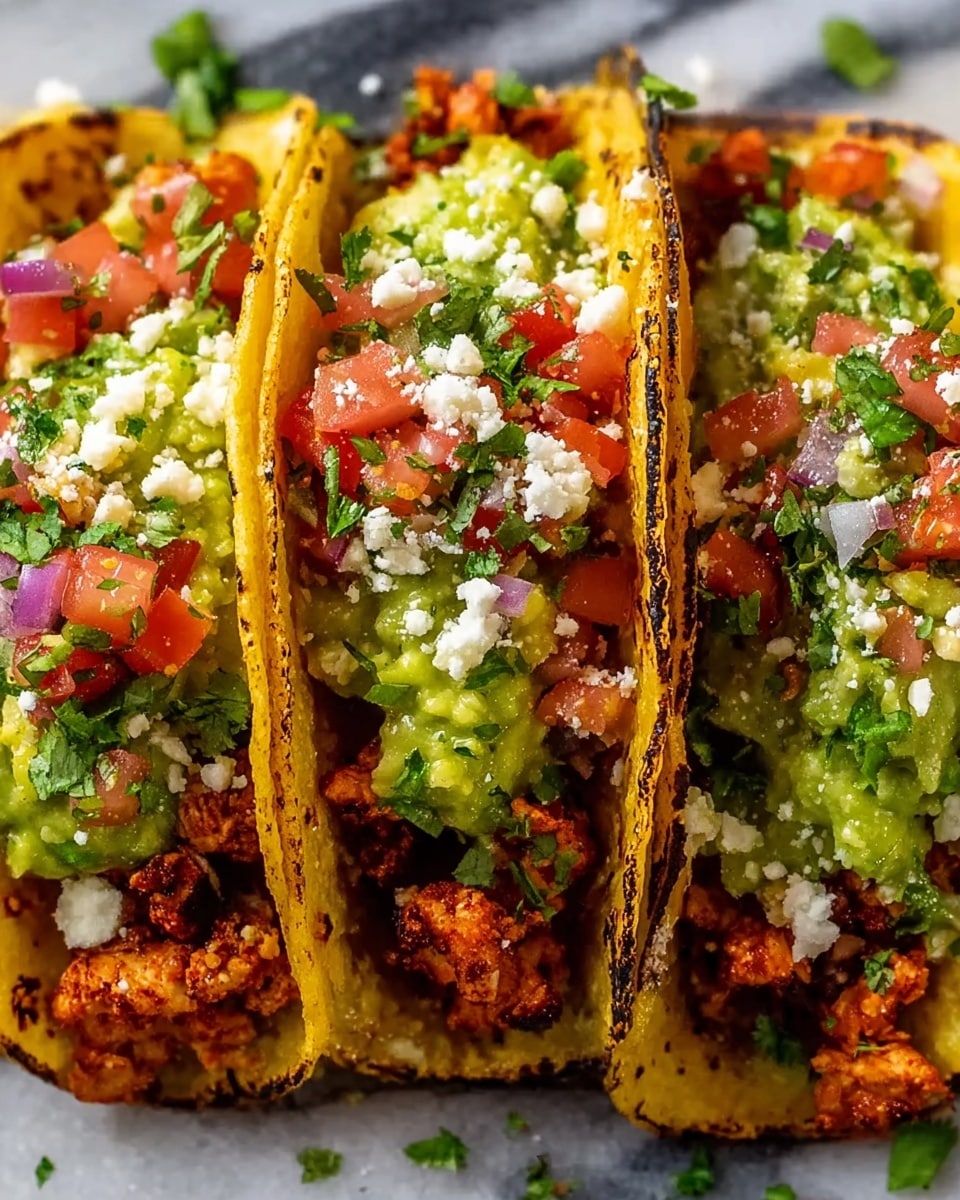 The image shows three tacos placed side by side on a black surface with a lime wedge in the background. Each taco has three main layers: the base is a yellow grilled tortilla with slight charring, filled with reddish-brown seasoned chicken pieces. The middle layer is green guacamole spread on the chicken, topped with chopped red tomatoes, finely chopped purple onions, and small green cilantro leaves. The tacos are finished with white crumbly cheese scattered on top. The whole scene is set against a white marbled texture. photo taken with an iphone --ar 4:5 --v 7