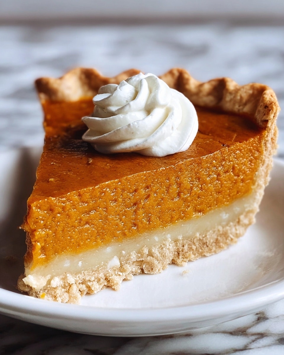 A slice of pumpkin pie with two layers is shown on a white plate with a beige speckled pattern. The bottom layer is a pale, flaky crust, topped with a thick, smooth pumpkin filling in deep orange color. On top of the filling, there is a swirl of white whipped cream. The plate sits on a rough wooden surface, with a blurred pumpkin and pine cones in the dark background. Photo taken with an iphone --ar 4:5 --v 7