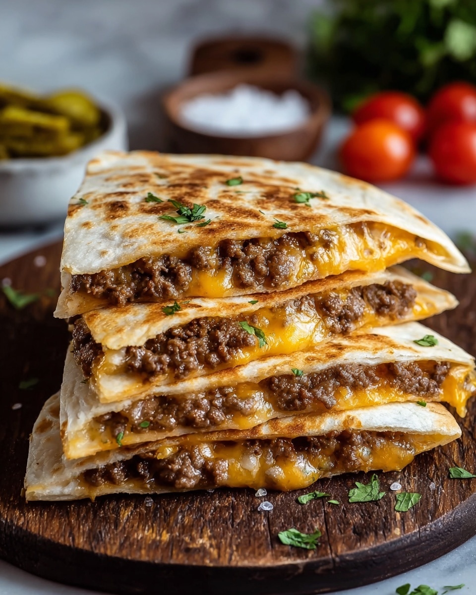 A close-up view of a stack of three quesadilla slices, each made with two golden brown toasted tortillas filled with a thick layer of cooked ground beef and bright orange melted cheese. The edges of the tortillas are lightly crisped with some dark spots from grilling. Small green herb pieces are sprinkled on top and around the quesadillas. The stack rests on a white marbled surface. Photo taken with an iphone --ar 4:5 --v 7