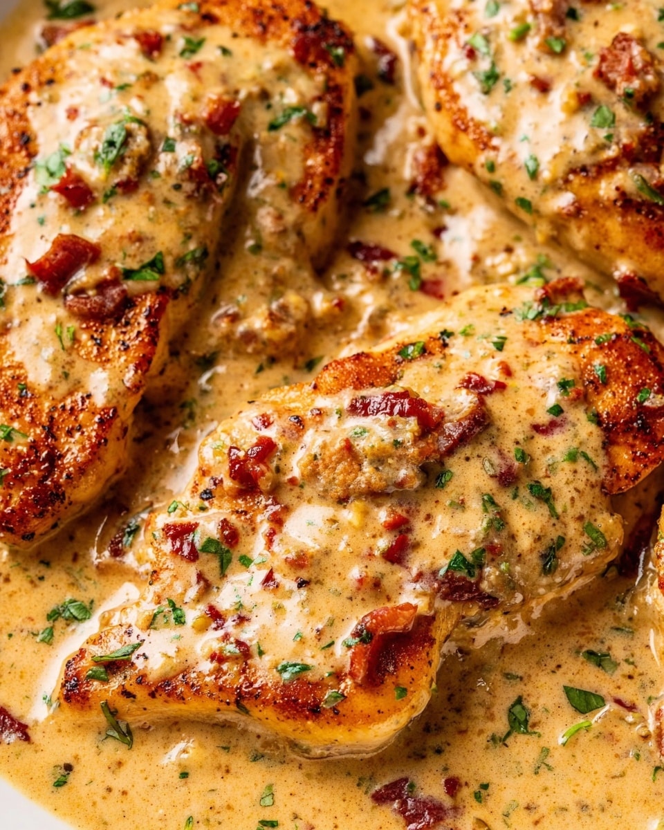 A close-up view of thick slices of cooked chicken layered with a creamy sauce that is light beige with hints of green herbs and small pieces of red and orange sun-dried tomatoes scattered on top and around the chicken. The chicken has a golden-brown seared surface with a soft, tender white inside, and the creamy sauce covers the chicken and pools slightly around it, creating a rich and textured look. The background has a soft focus but shows more creamy sauce and chicken pieces, all set on a white marbled texture. Photo taken with an iphone --ar 4:5 --v 7