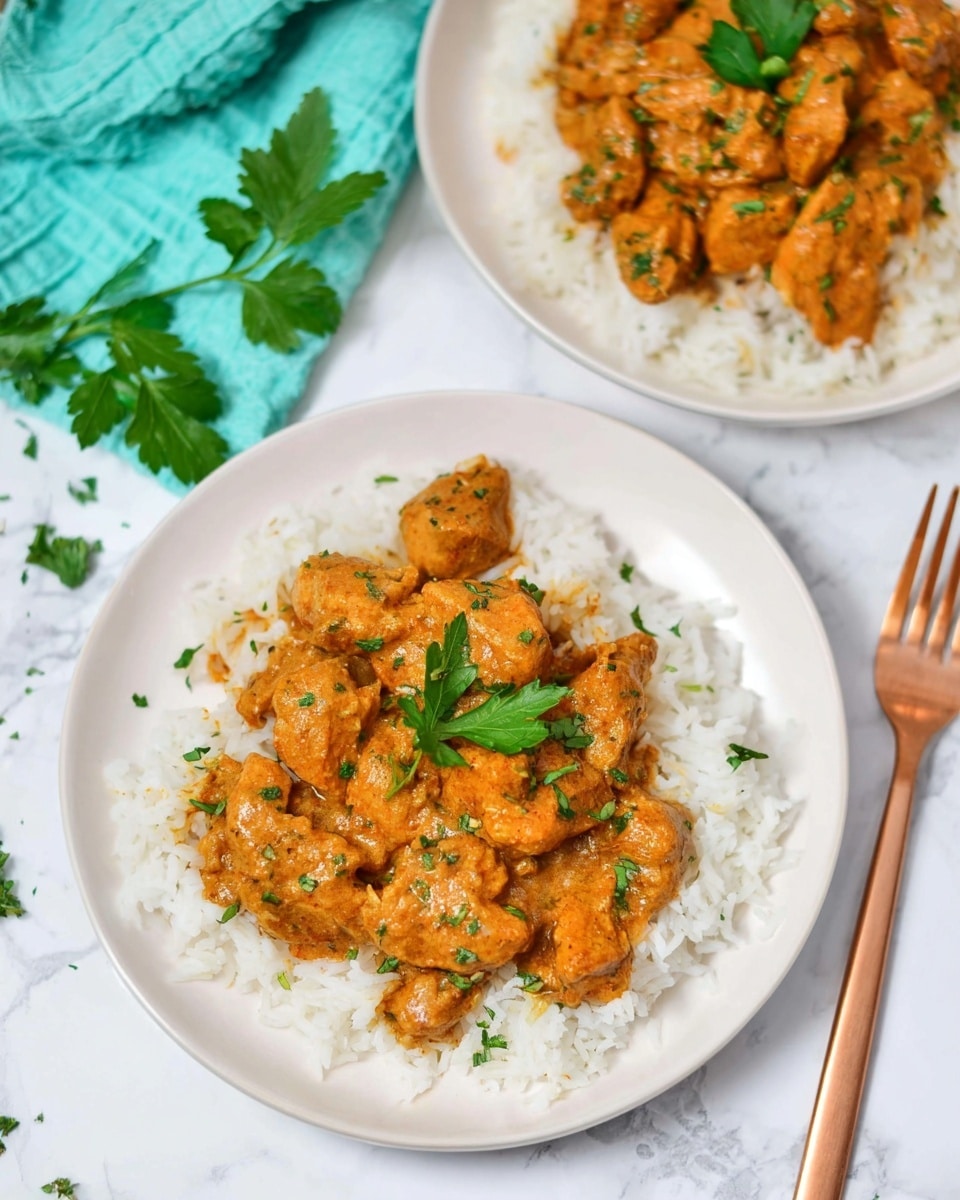 The image shows a close-up of a white plate filled with chunks of chicken covered in a thick, creamy orange-brown sauce that has visible herbs and small red bits, likely spices or chopped tomatoes. The dish is garnished with fresh green parsley leaves sprinkled on top, adding a bright contrast to the rich sauce. In the background, there is a second white plate with a similar dish, and a copper fork lies next to a turquoise cloth on a white marbled surface. The lighting highlights the glossy texture of the sauce and the tender pieces of chicken photo taken with an iphone --ar 4:5 --v 7