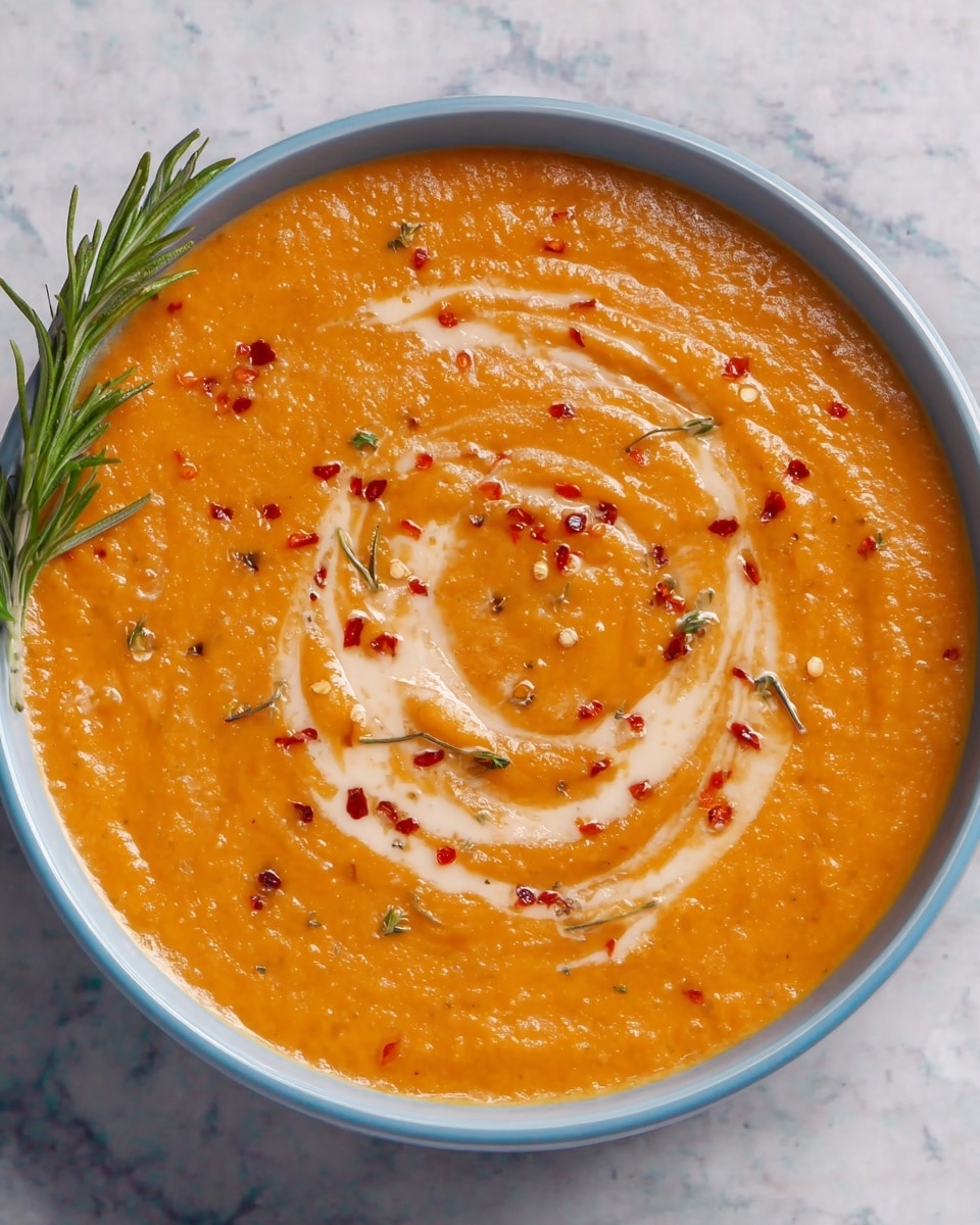 A bowl of thick orange soup with a creamy white swirl spiraling from the center outward, topped with small red chili flakes scattered over the surface and a small green sprig of rosemary resting on the left side of the bowl. The bowl is white with a simple round shape, filled to the top with the textured soup showing small bits within it. The background is a white marbled texture, highlighting the vibrant colors of the soup and garnishes. photo taken with an iphone --ar 4:5 --v 7