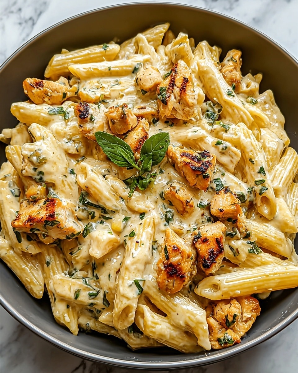 A white bowl filled with creamy pasta showing about three layers: a base layer of penne pasta in light yellow, a second layer of rich, smooth white cream sauce coating each pasta piece, and a top layer of golden-brown grilled chicken bits scattered evenly. Small green herb leaves are sprinkled over the pasta giving bright green spots. The bowl rests on a white marbled surface, highlighting the warm colors of the dish. photo taken with an iphone --ar 4:5 --v 7