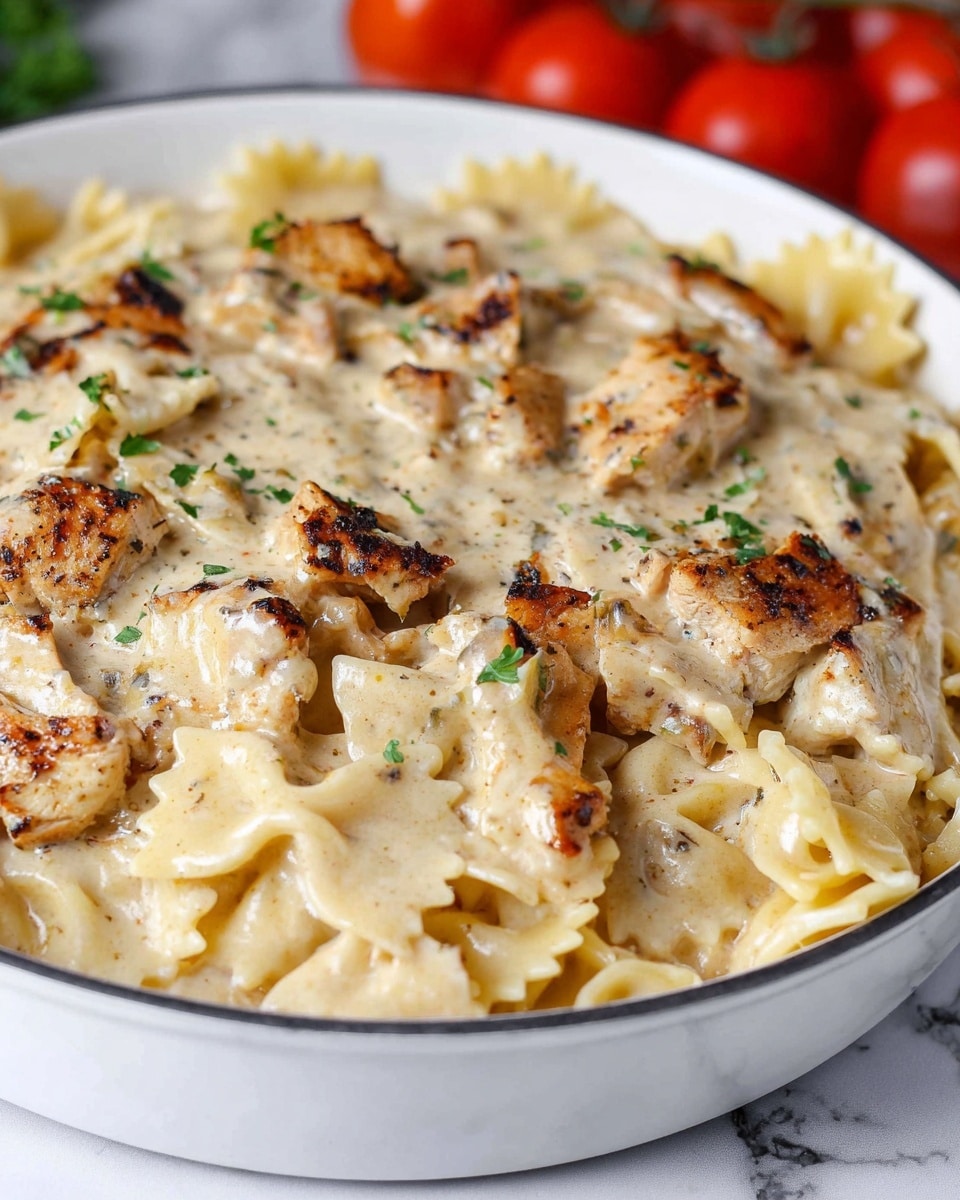 The image shows a white deep dish filled with creamy pasta that has three main layers. The base layer is bow-tie pasta, visible in small parts, pale yellow in color. On top of it are pieces of grilled chicken, light brown with some dark char marks, scattered evenly. The entire dish is coated in a thick, creamy beige sauce with tiny dark herbs mixed in, giving a smooth yet speckled texture. Small green parsley leaves are lightly sprinkled on the surface, adding a fresh touch. The dish is set on a white marbled surface, with blurred red tomatoes in the background. Photo taken with an iphone --ar 4:5 --v 7