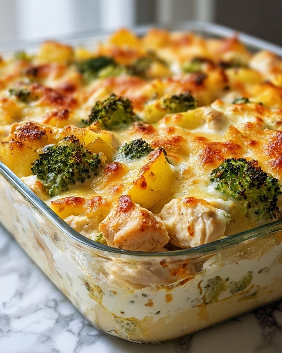 The dish shows a close-up view of a baked casserole in a white ceramic dish. The top layer is golden brown melted cheese with bubbly, slightly browned spots. Underneath, there are chunks of light yellow potatoes and bright green broccoli florets spread evenly across the surface. Pieces of light cooked chicken, seasoned with black pepper, are mixed among the potatoes and broccoli. The casserole edges have a crispy golden texture. The background is a white marbled surface. Photo taken with an iphone --ar 4:5 --v 7