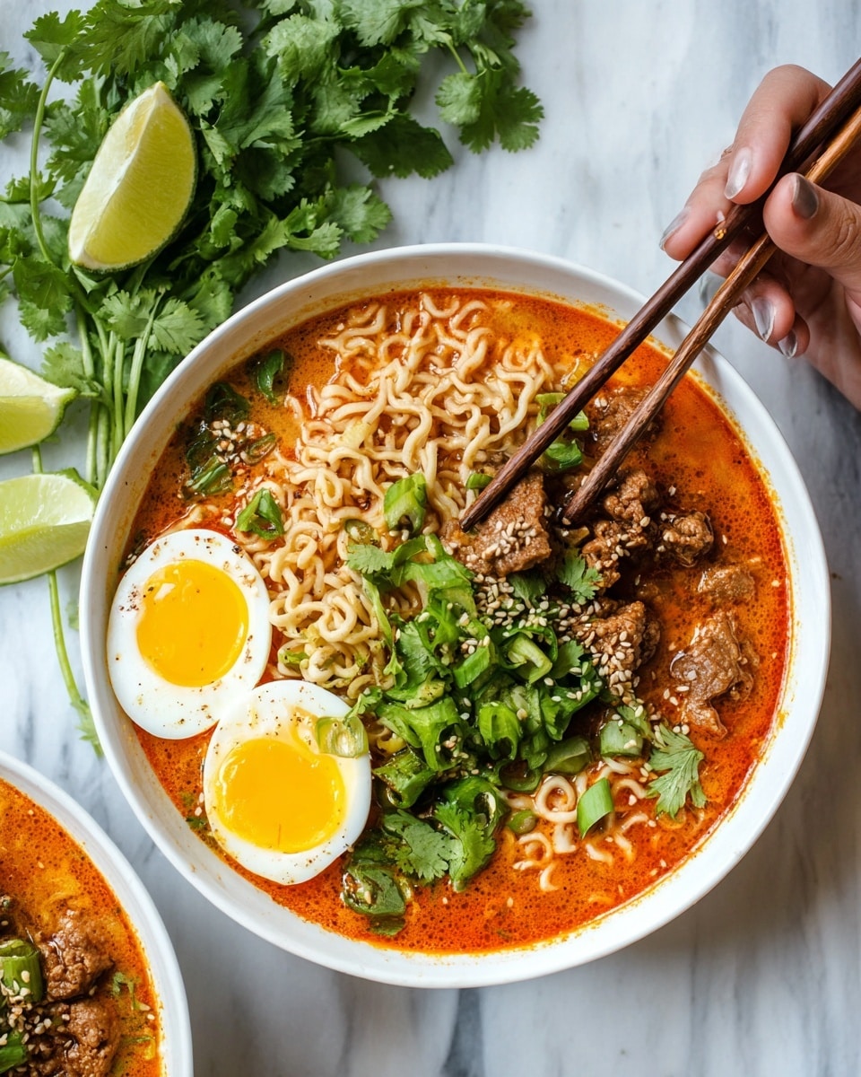 Two white bowls on a white marbled surface filled with a rich orange-red broth, with curly pale yellow noodles partly submerged. Each bowl has a halved soft-boiled egg with bright yellow yolk and sprinkled sesame seeds, small brown chunks of cooked meat scattered on top, and fresh green sliced scallions and cilantro leaves adding a fresh contrast. On the surface around the bowls, there are halved green limes, fresh cilantro sprigs, and scattered sesame seeds. photo taken with an iphone --ar 4:5 --v 7