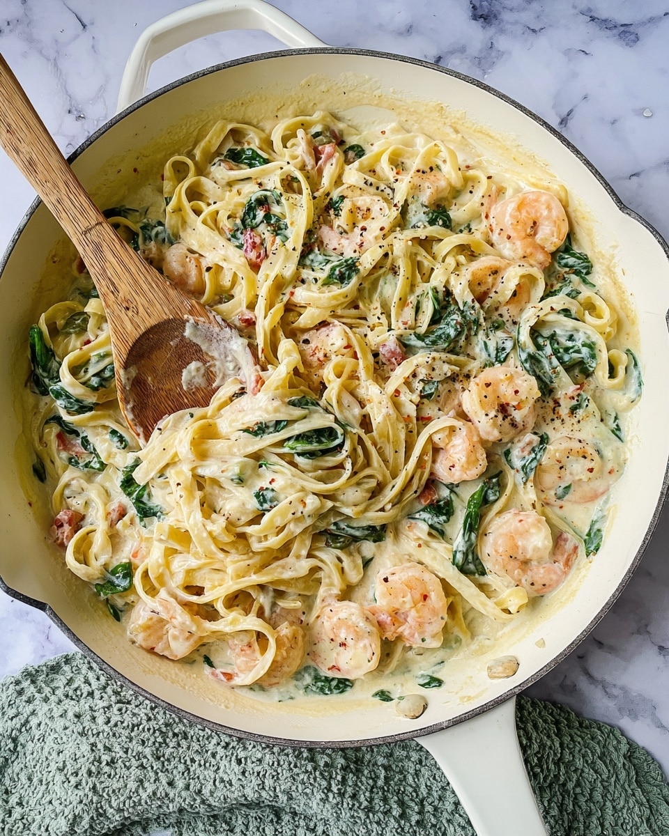 The image shows a white plate filled with creamy pasta that has three layers: the bottom layer is fettuccine noodles in a light cream sauce, the middle layer has pink shrimp and green spinach leaves mixed evenly, and the top layer contains bits of sun-dried tomato adding red specks. Two golden-yellow garlic breadsticks rest on the left side of the plate, one upright and the other laying flat. A fork is stuck upright in the pasta on the right side. Nearby, a smaller white bowl holds extra pasta with the same ingredients, and a separate white plate carries three more garlic breadsticks. The entire setting sits on a dark surface with white marbled texture. photo taken with an iphone --ar 4:5 --v 7