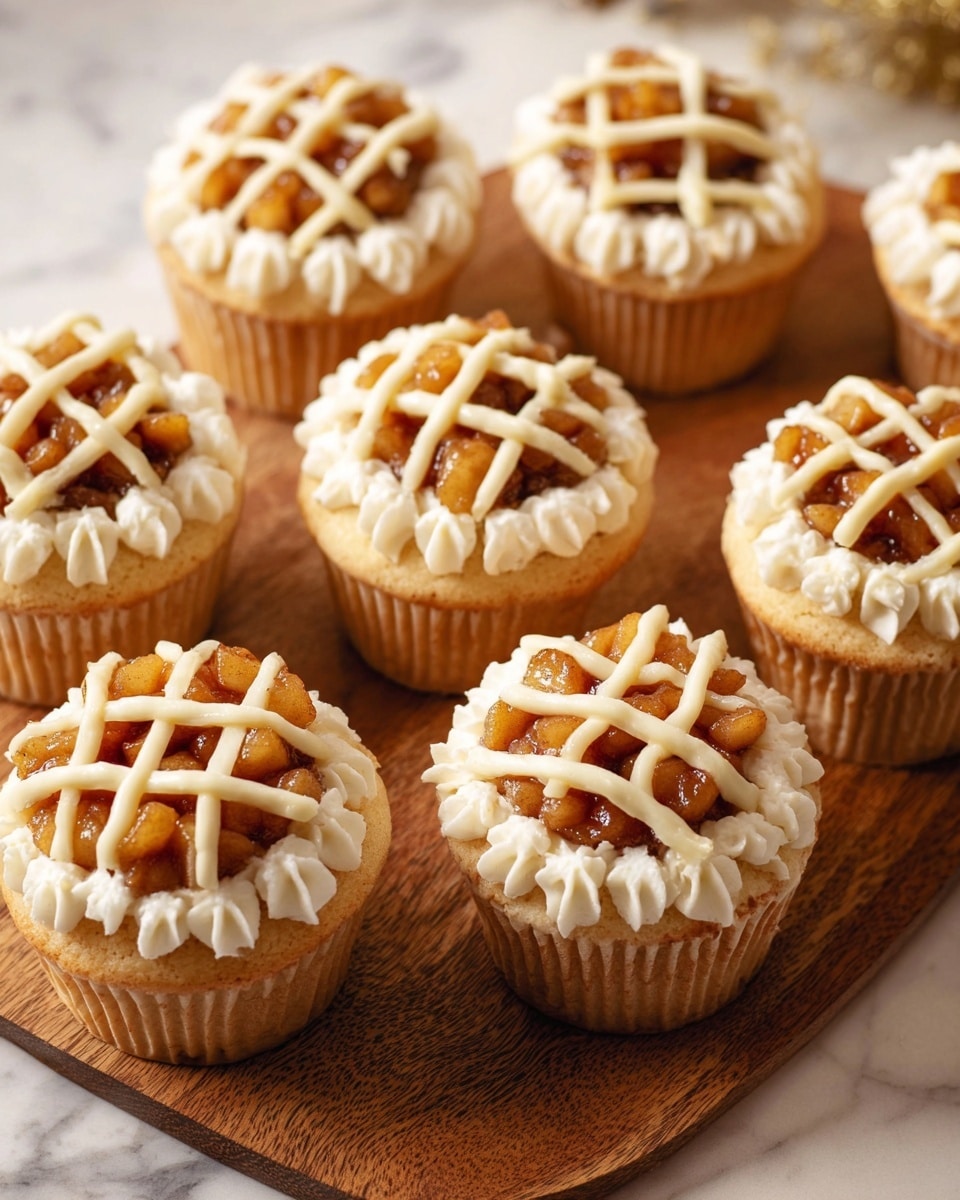 The image shows several small cupcakes arranged on a wooden tray placed on a white marbled surface. Each cupcake has three layers: a light brown cake base, a top layer of small brown diced fruit pieces coated in syrup, and white creamy frosting piped on the edges. The frosting is also arranged in a lattice pattern crossing over the diced fruit topping. One cupcake is open in the center of the image, split into two halves showing the soft, porous texture of the cake inside with the fruit filling sitting in the middle. The lighting is warm and soft. photo taken with an iphone --ar 4:5 --v 7
