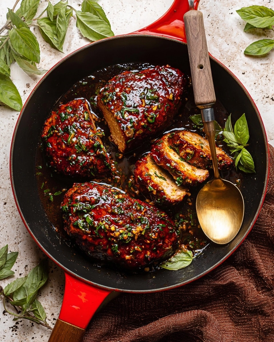 The image shows several pieces of cooked chicken soaked in a dark, thick sauce with a shiny, oily surface. The chicken has a rich brown color with charred black edges, and it is covered with small chopped herbs and garlic pieces. Some chicken pieces are whole, while one is sliced to show a juicy, golden inside. A silver spoon with sauce and garlic is on the right side. The background is a white marbled texture. The photo taken with an iphone --ar 4:5 --v 7