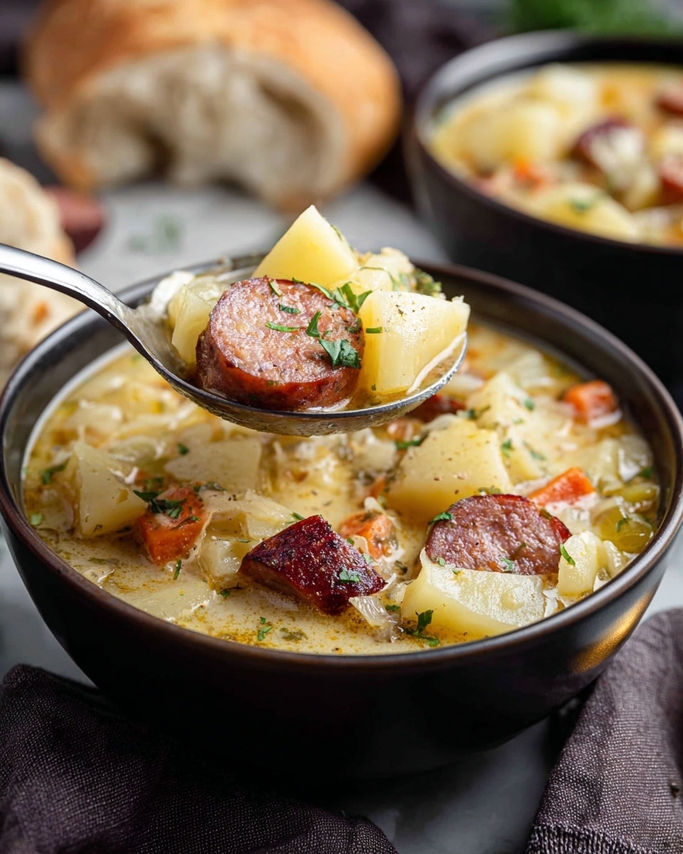 The image shows two bowls of creamy sausage and potato soup set on a white marbled surface. Each bowl is filled with a thick, orange creamy broth that has scattered bubbles. Floating within the soup are several chunks of pale yellow potato cubes and round slices of browned sausage with a reddish skin. Small bits of red pepper and finely chopped green herbs are sprinkled throughout the soup, adding pops of color. Next to the bottom bowl, a silver spoon is partially submerged in the soup. Surrounding the bowls are fresh green parsley leaves and pieces of crusty white bread, one with a visible torn edge. Photo taken with an iphone --ar 4:5 --v 7