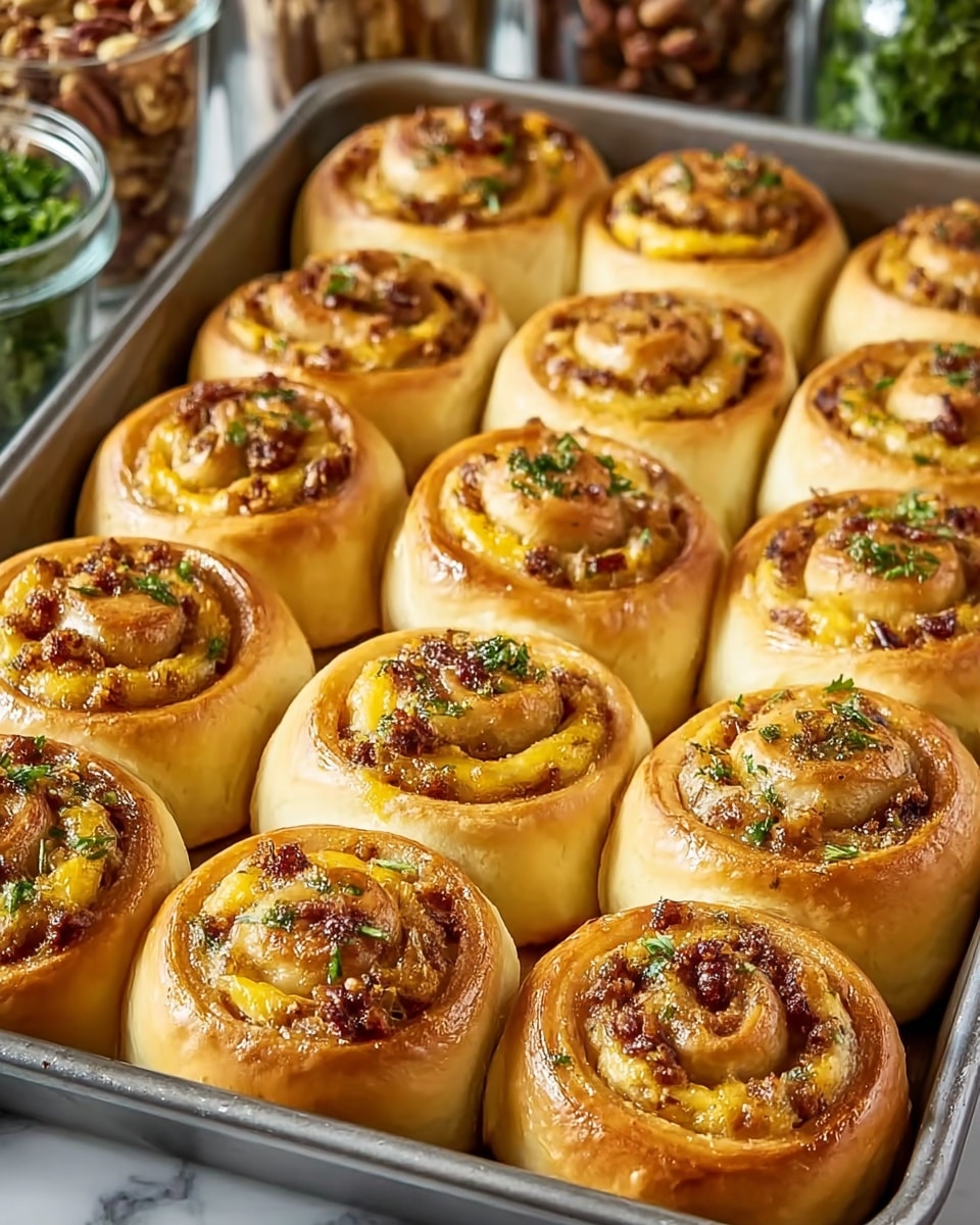 The image shows a metal baking tray filled with 16 golden brown rolls arranged closely together in four rows of four. Each roll has a spiral shape with visible layers of soft dough that is light cream in color on the outside and slightly browned on the top edges. Inside the spirals, there are small bits of yellow cheese and browned meat mixed with fresh green herb pieces scattered over the top and inside. The texture looks fluffy and moist with a slight shine on the surface from a glaze. The tray is placed on a white marbled surface. Photo taken with an iphone --ar 4:5 --v 7