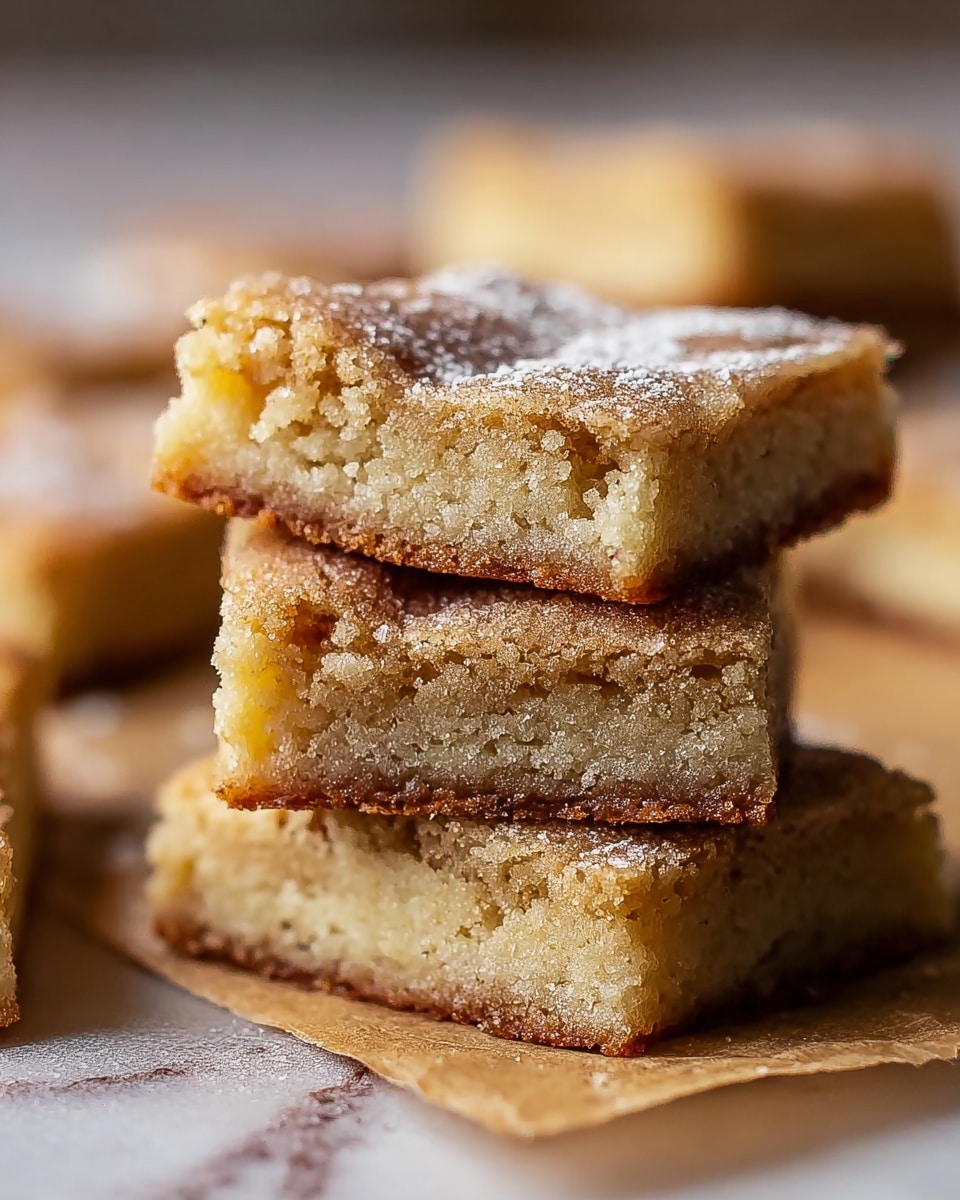 A close-up view of a stack of four square blondie bars placed on a piece of parchment paper. The top two bars show a light golden crust with a soft, moist interior and a dusting of powdered sugar on top. The edges are slightly crisp and the texture looks dense and crumbly. The background is blurred and also shows a few more blondie bars, all resting on a white marbled surface photo taken with an iphone --ar 4:5 --v 7